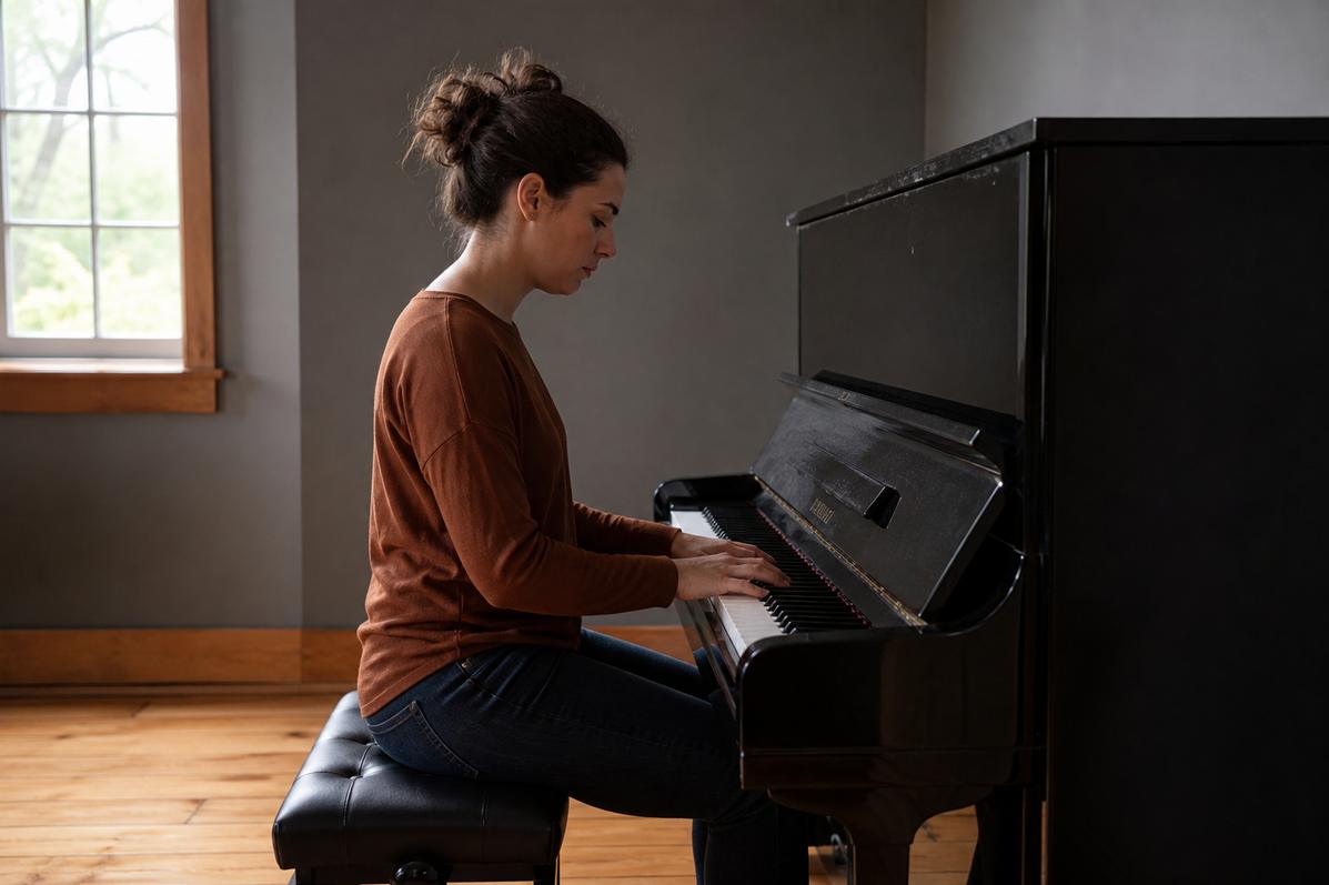 Adult pianist practicing at an upright piano in soft daylight