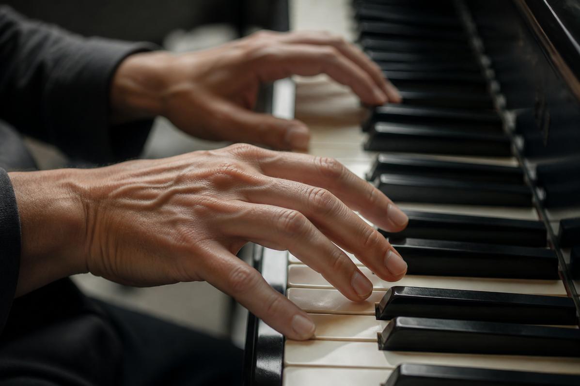 Close view of adult hands on piano keys