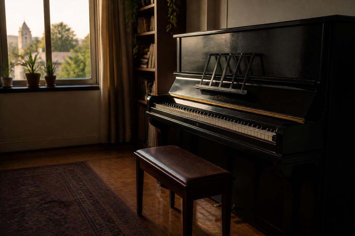 Upright piano by a window with evening city light