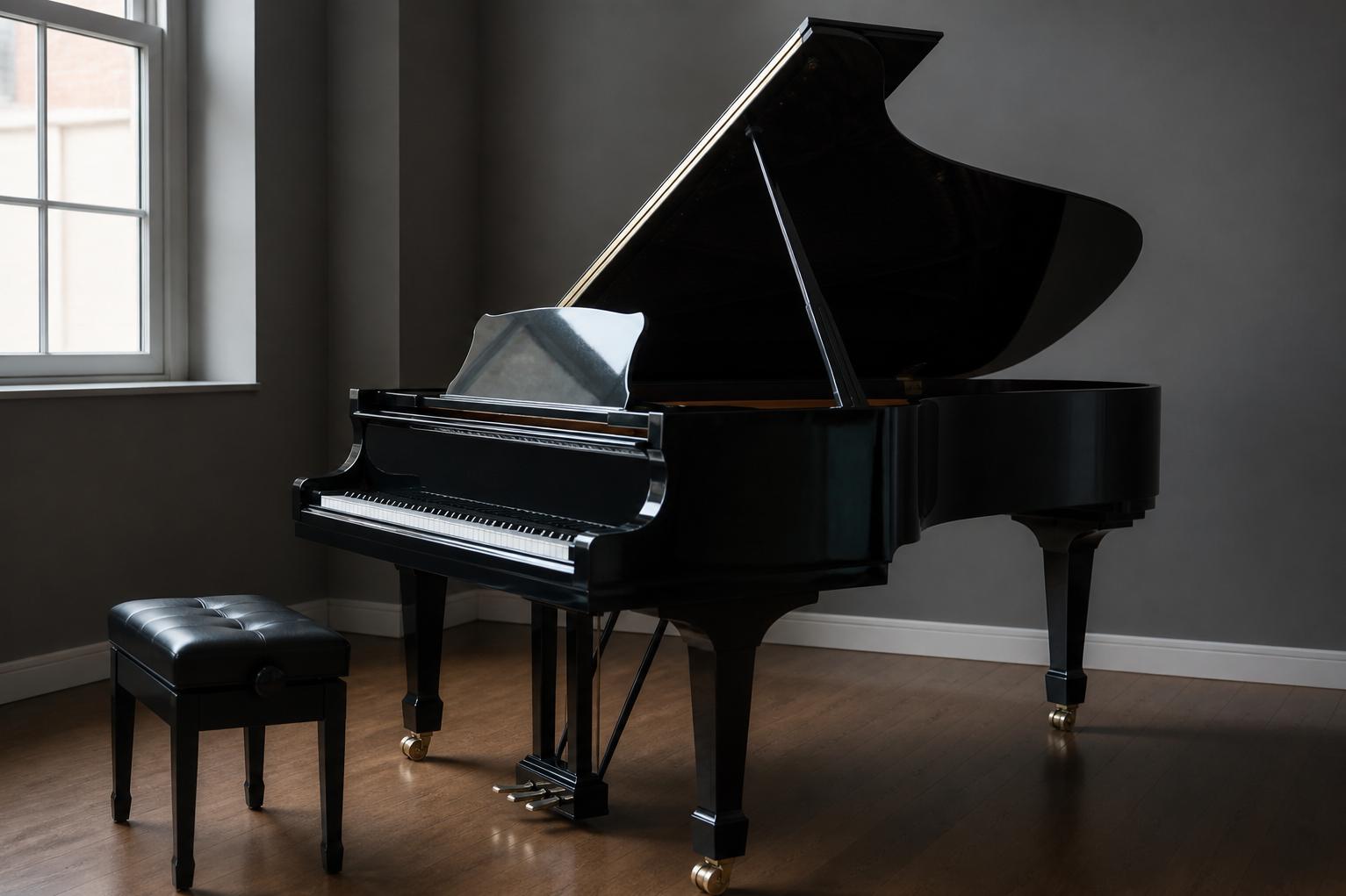 Black grand piano with open lid in a quiet studio room